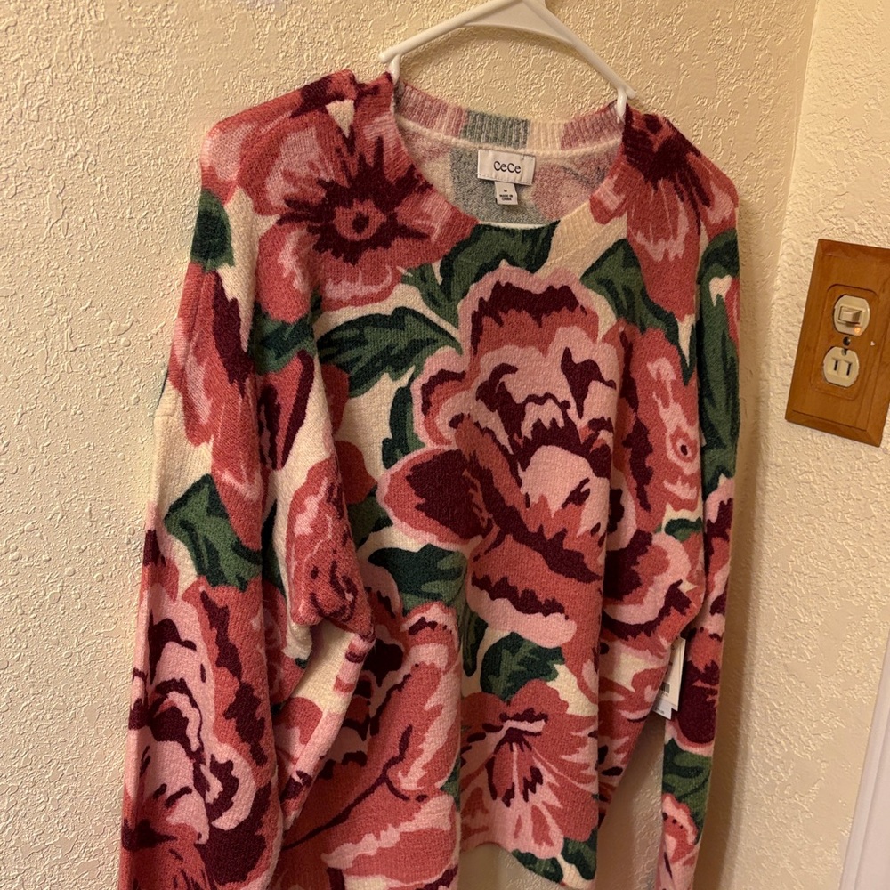 CeCe Pink and Green Floral Sweater NWT
